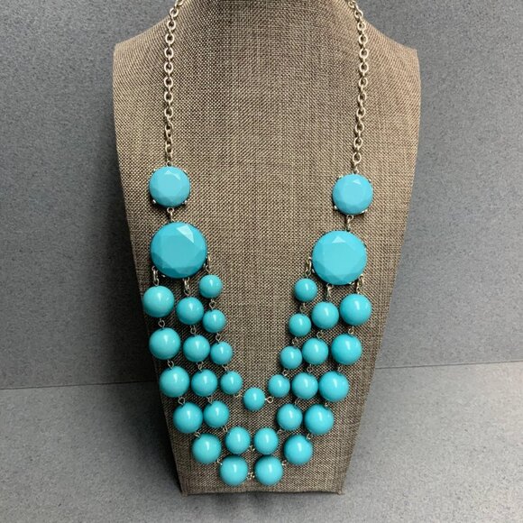 Chunky Statement Necklace 20 In Turquoise Blue Triple Strand Beads Silver Chain - Picture 1 of 7